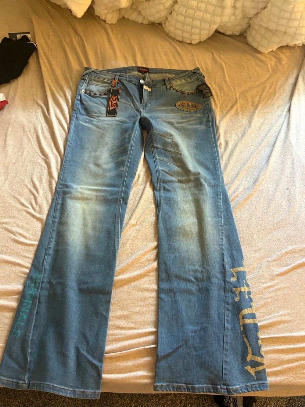 Von Dutch Light Blue Wide Leg Jeans with Graphic Side Print
